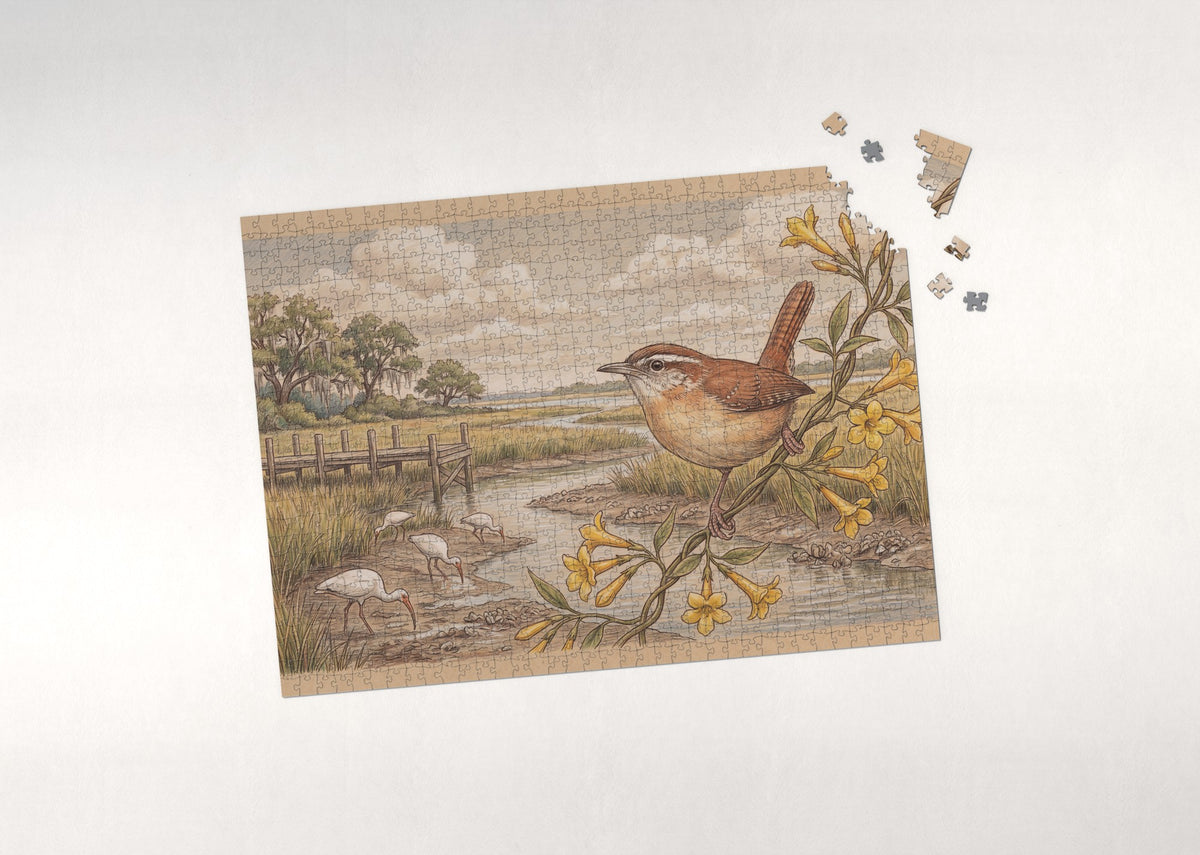 South Carolina State Bird and Flower: Carolina Wren and Yellow Jessamine jigsaw puzzle - puzzle with loose pieces