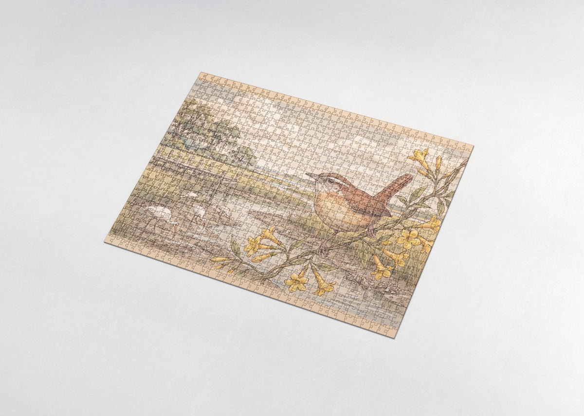 South Carolina State Bird and Flower: Carolina Wren and Yellow Jessamine jigsaw puzzle - assembled puzzle