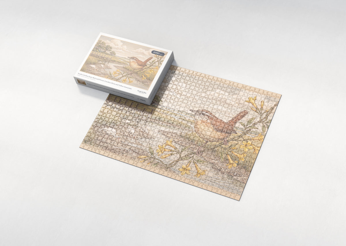 South Carolina State Bird and Flower: Carolina Wren and Yellow Jessamine jigsaw puzzle - box and puzzle