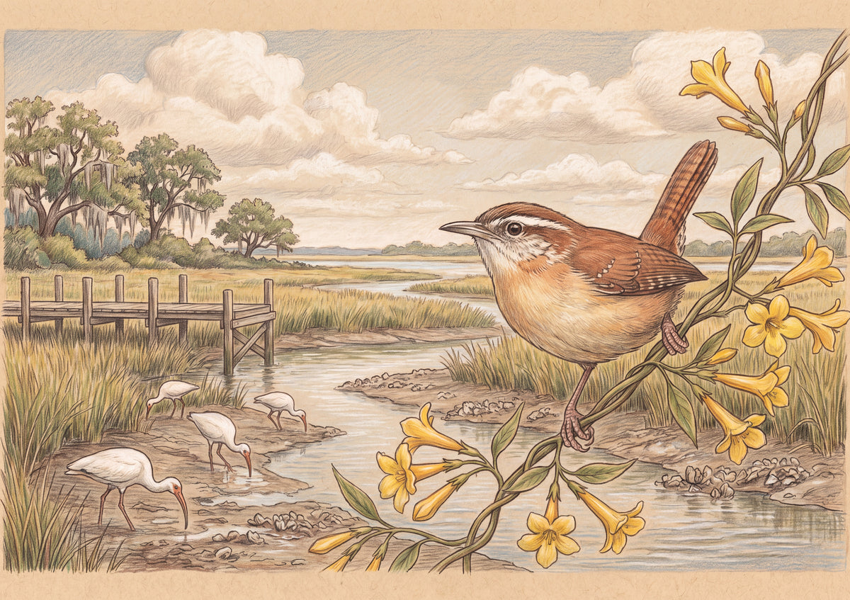 South Carolina State Bird and Flower: Carolina Wren and Yellow Jessamine jigsaw puzzle