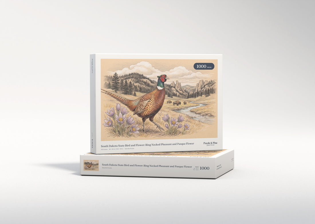South Dakota State Bird and Flower: Ring Necked Pheasant and Pasque Flower jigsaw puzzle - gift box