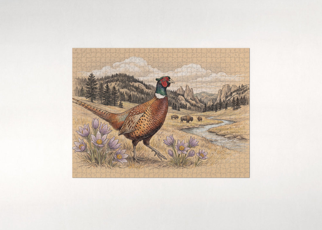 South Dakota State Bird and Flower: Ring Necked Pheasant and Pasque Flower jigsaw puzzle - gift box