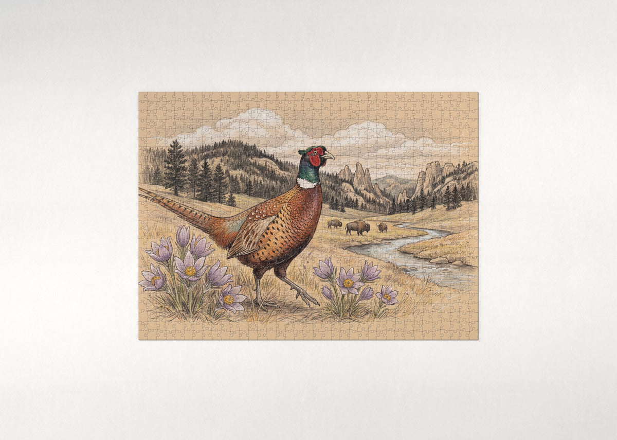 South Dakota State Bird and Flower: Ring Necked Pheasant and Pasque Flower jigsaw puzzle - flat puzzle