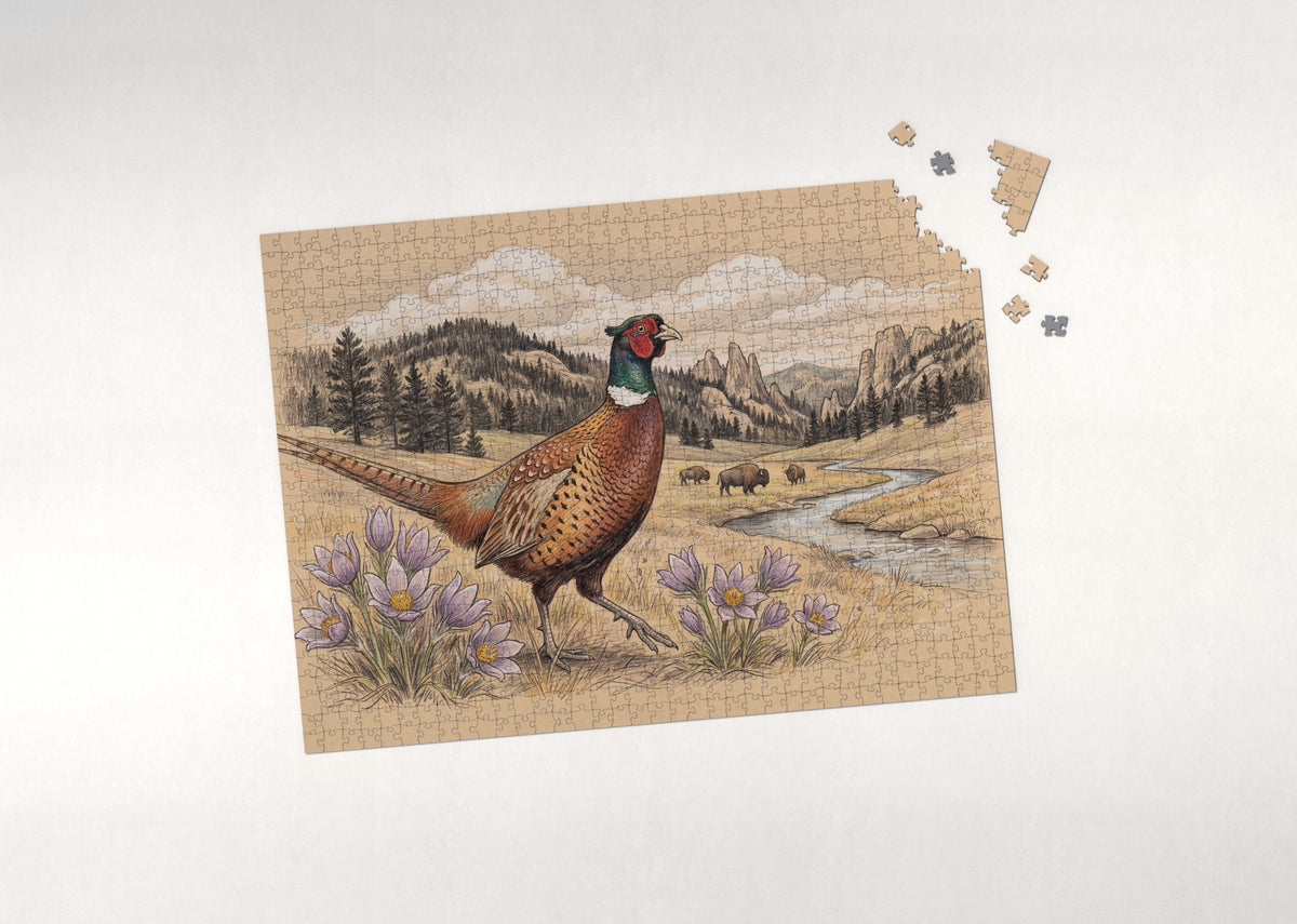 South Dakota State Bird and Flower: Ring Necked Pheasant and Pasque Flower jigsaw puzzle - puzzle with loose pieces