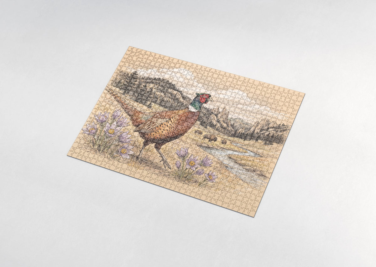 South Dakota State Bird and Flower: Ring Necked Pheasant and Pasque Flower jigsaw puzzle - assembled puzzle