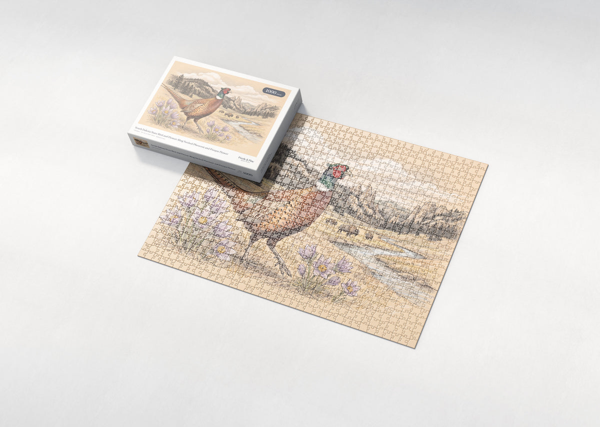 South Dakota State Bird and Flower: Ring Necked Pheasant and Pasque Flower jigsaw puzzle - box and puzzle