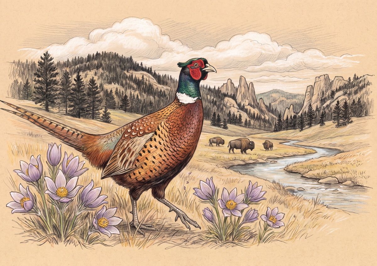 South Dakota State Bird and Flower: Ring Necked Pheasant and Pasque Flower jigsaw puzzle
