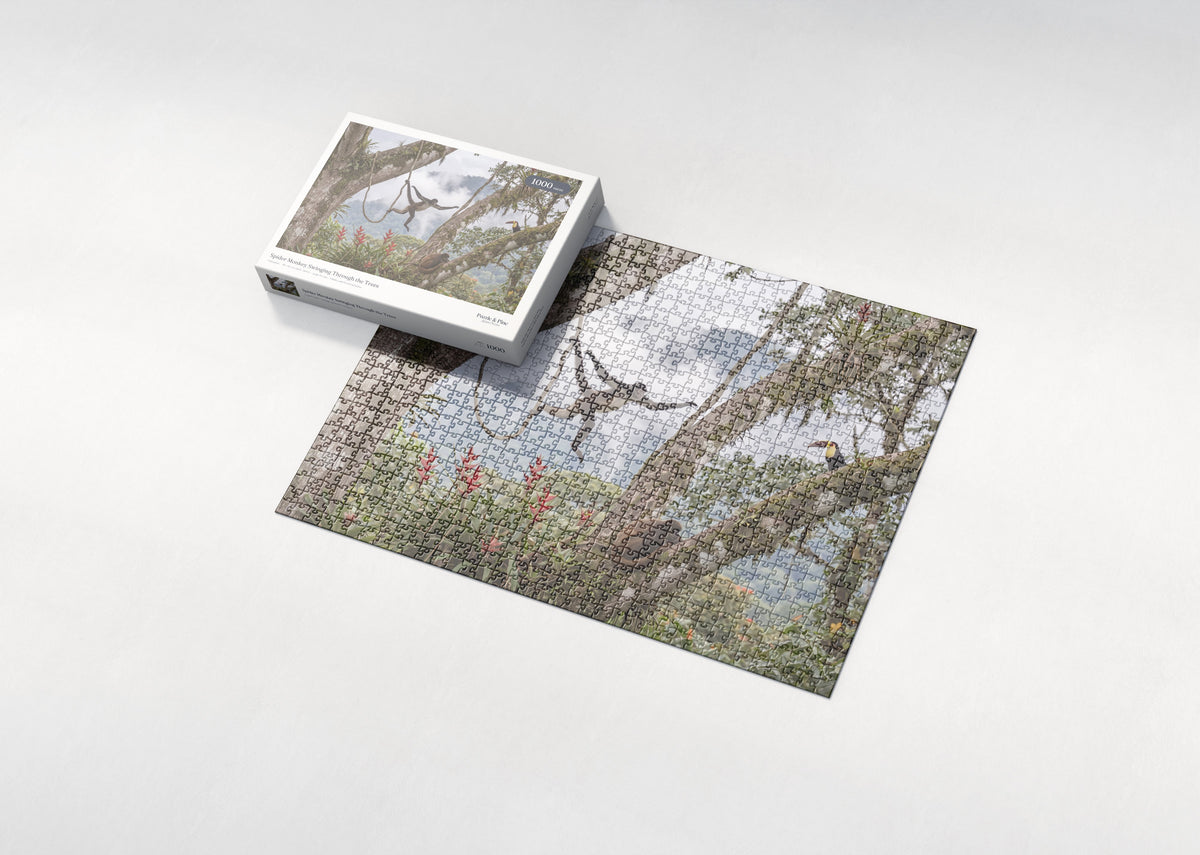 Spider Monkey Swinging Through the Trees jigsaw puzzle - box and puzzle