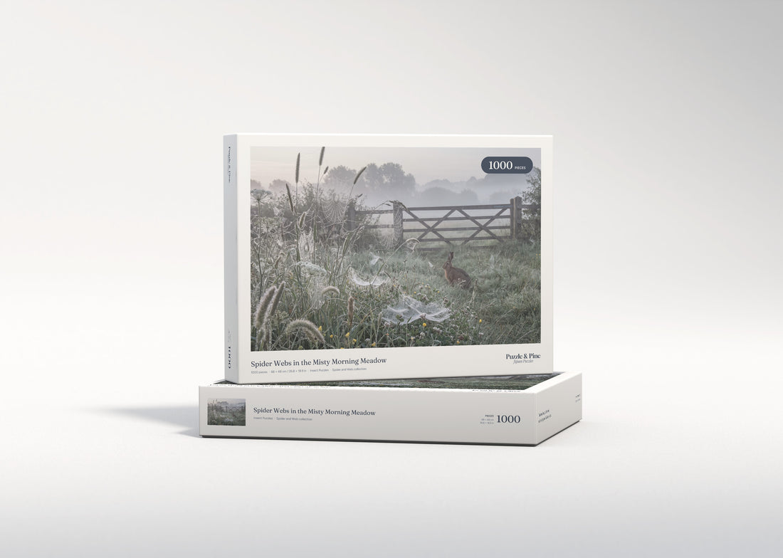 Spider Webs in the Misty Morning Meadow jigsaw puzzle - gift box