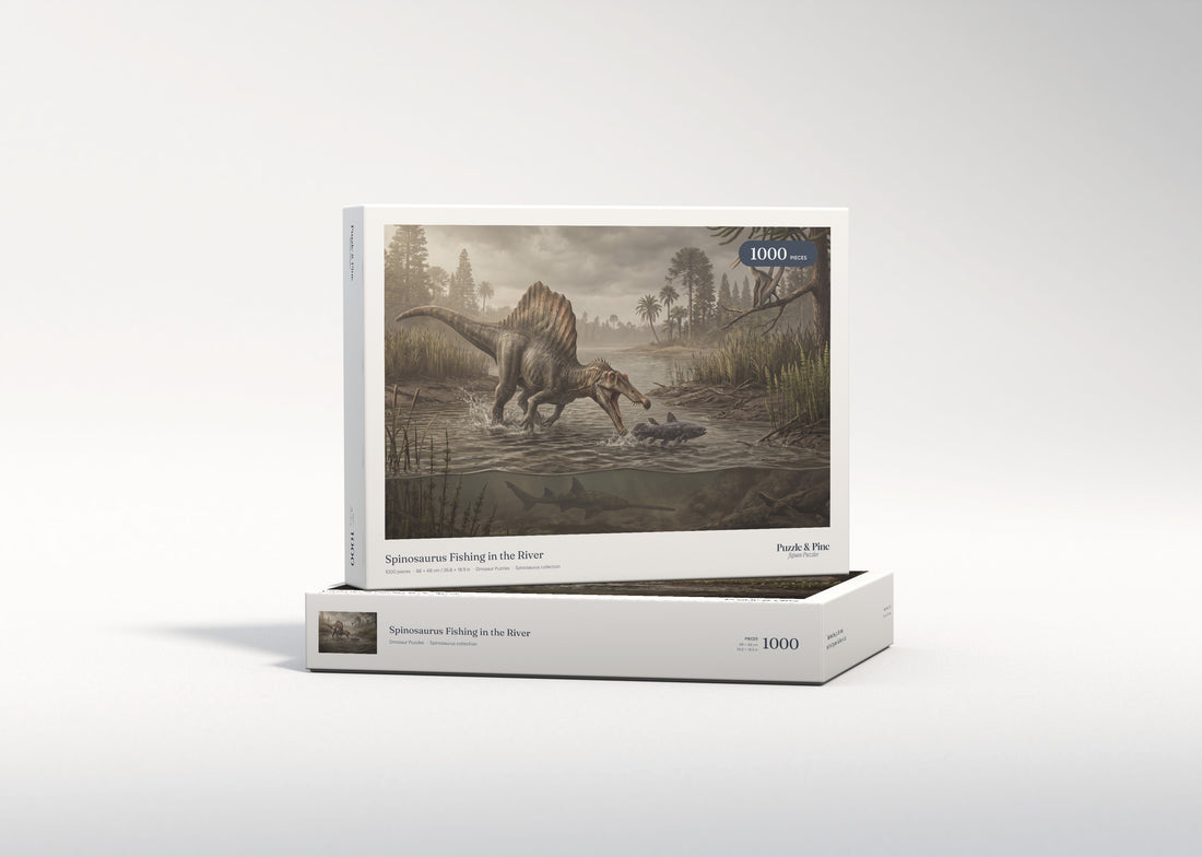 Spinosaurus Fishing in the River jigsaw puzzle - gift box