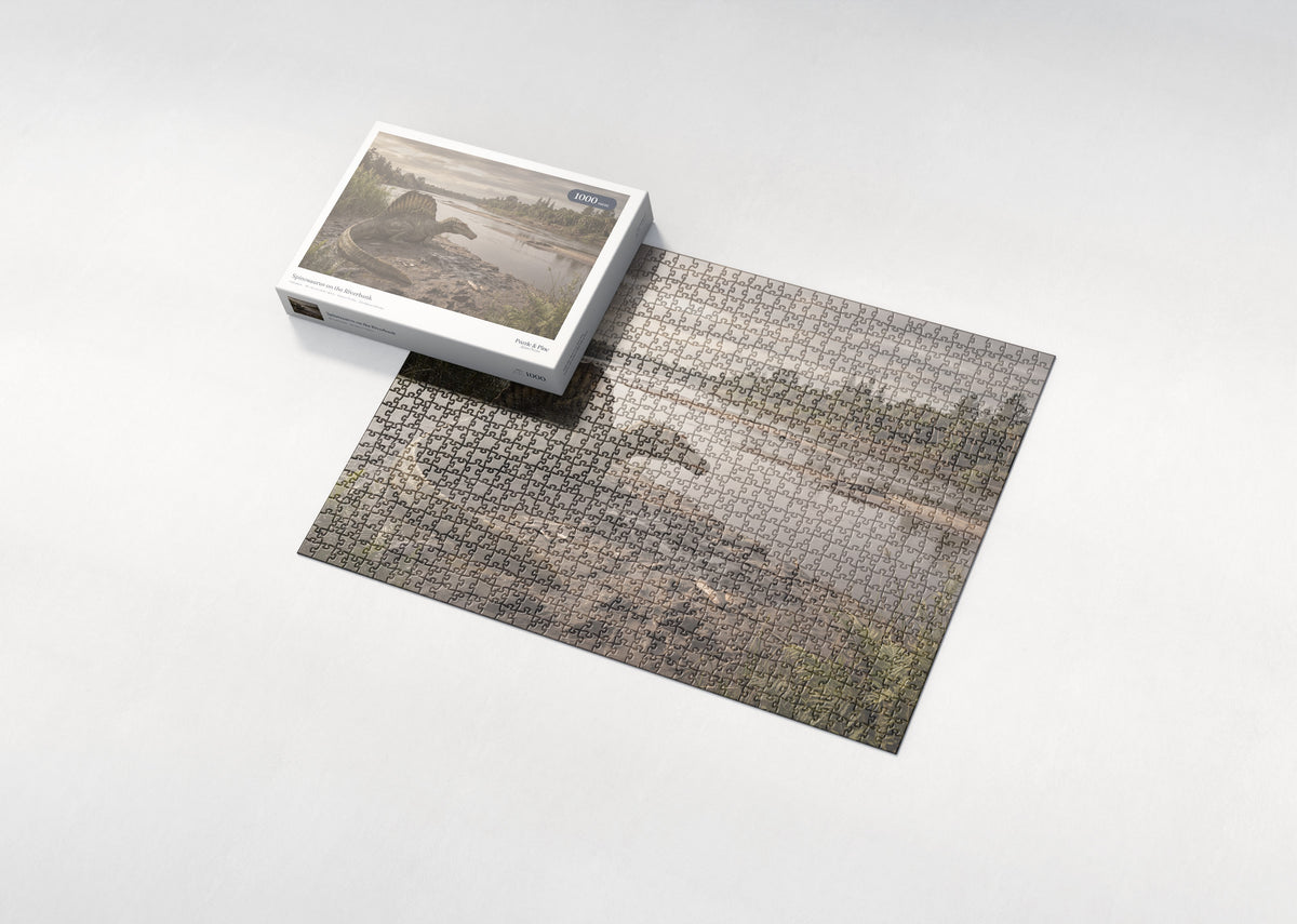 Spinosaurus on the Riverbank jigsaw puzzle - box and puzzle