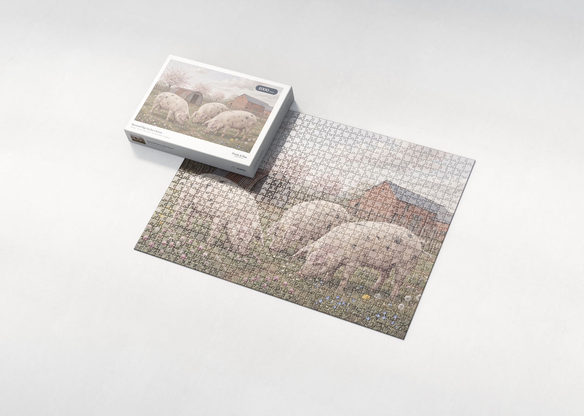 Spotted Pigs in the Clover jigsaw puzzle - box and puzzle
