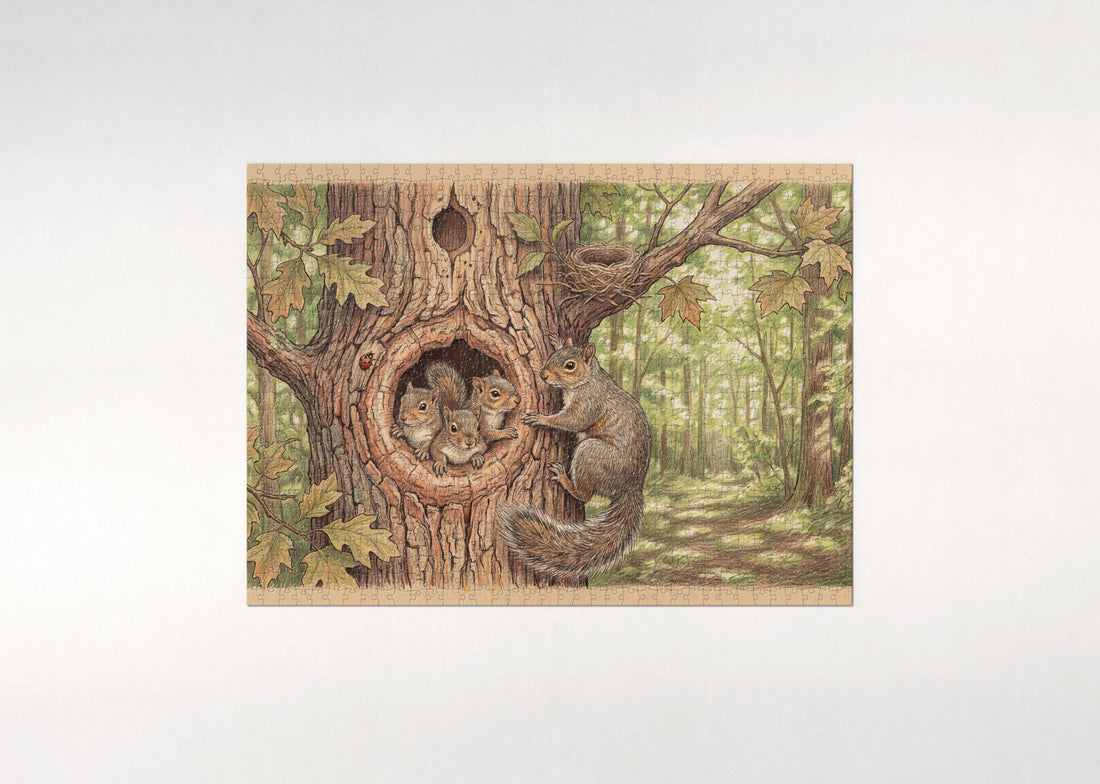 Squirrel Family in the Tree Hole jigsaw puzzle - gift box