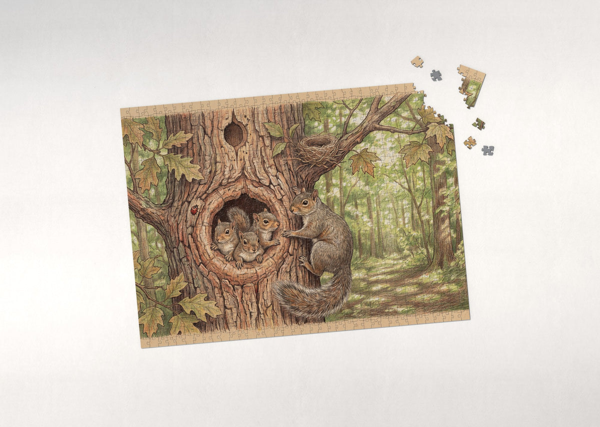 Squirrel Family in the Tree Hole jigsaw puzzle - puzzle with loose pieces