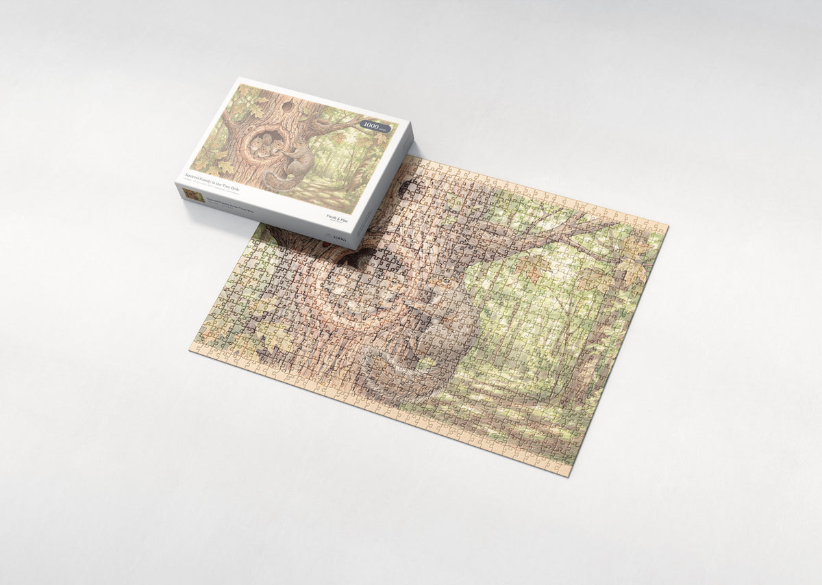 Squirrel Family in the Tree Hole jigsaw puzzle - box and puzzle