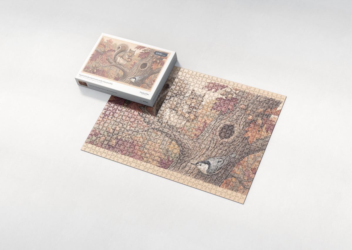 Squirrel Gathering Acorns in the Autumn Oak jigsaw puzzle - box and puzzle