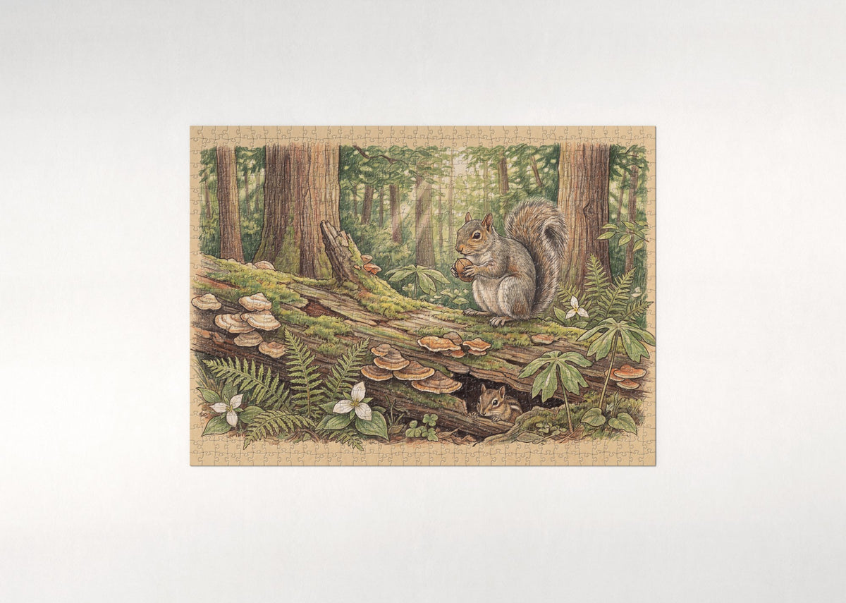 Squirrel on the Mossy Log jigsaw puzzle - flat puzzle