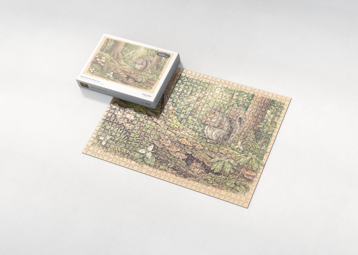 Squirrel on the Mossy Log jigsaw puzzle - box and puzzle