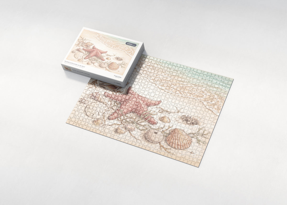 Starfish and Seashells on the Sand jigsaw puzzle - box and puzzle