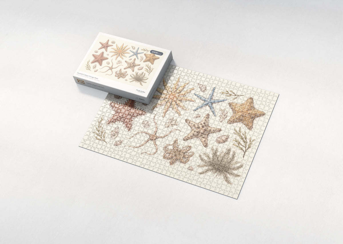 Starfish Collage Vintage Plate jigsaw puzzle - box and puzzle