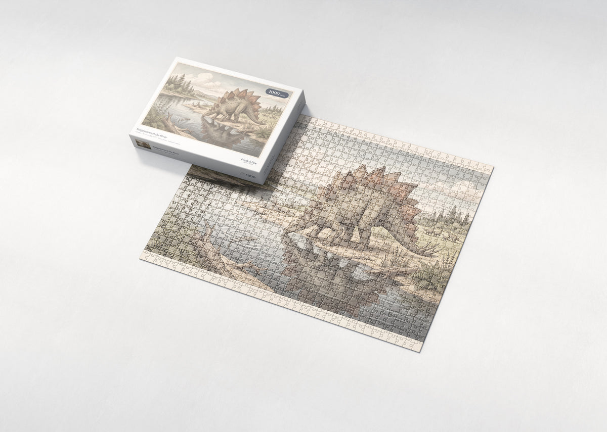 Stegosaurus at the River jigsaw puzzle - box and puzzle