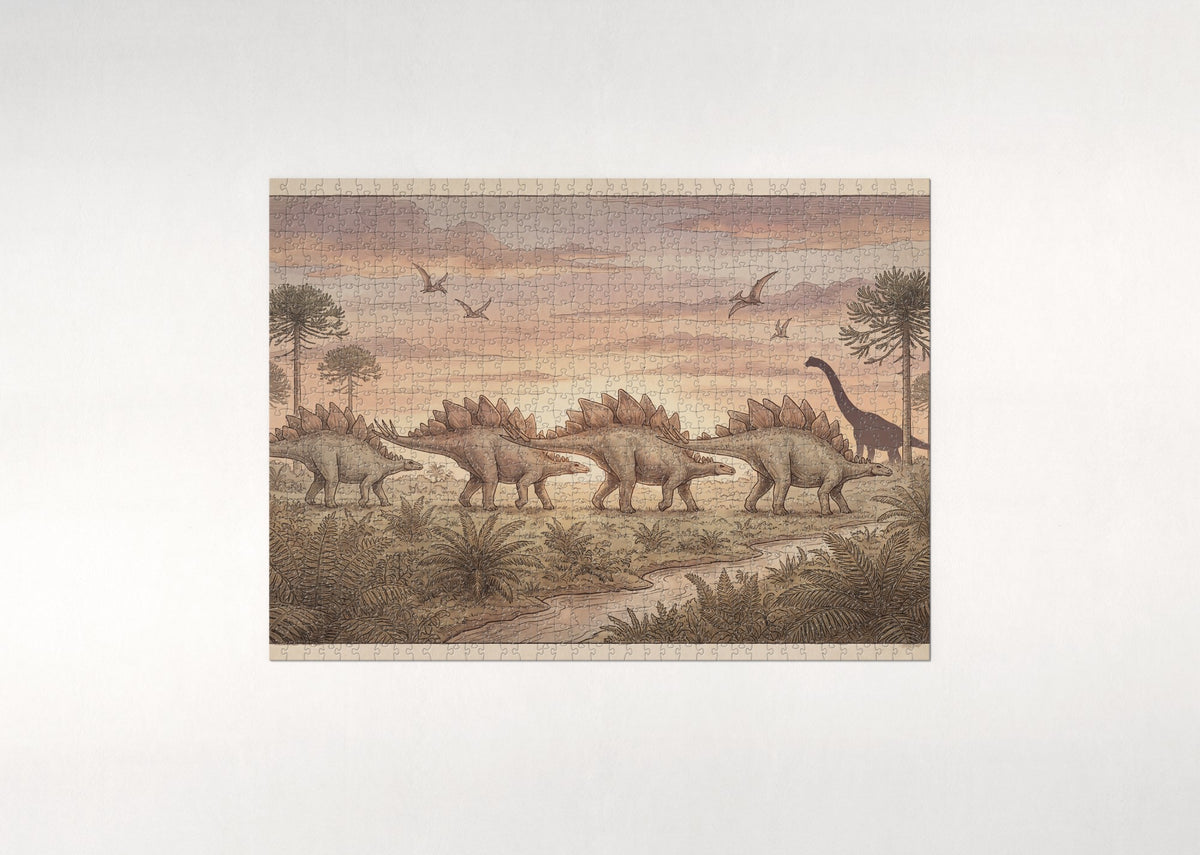 Stegosaurus Herd at Sunset jigsaw puzzle - flat puzzle