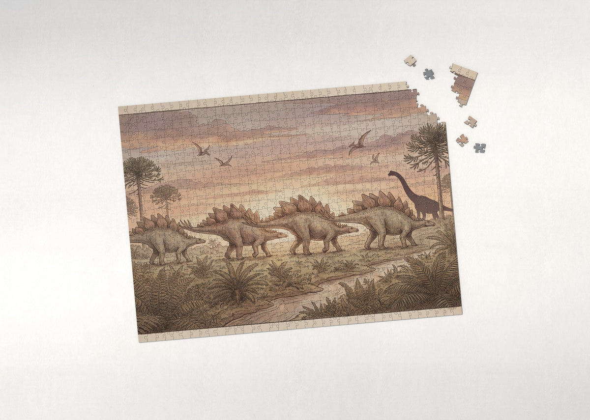 Stegosaurus Herd at Sunset jigsaw puzzle - puzzle with loose pieces