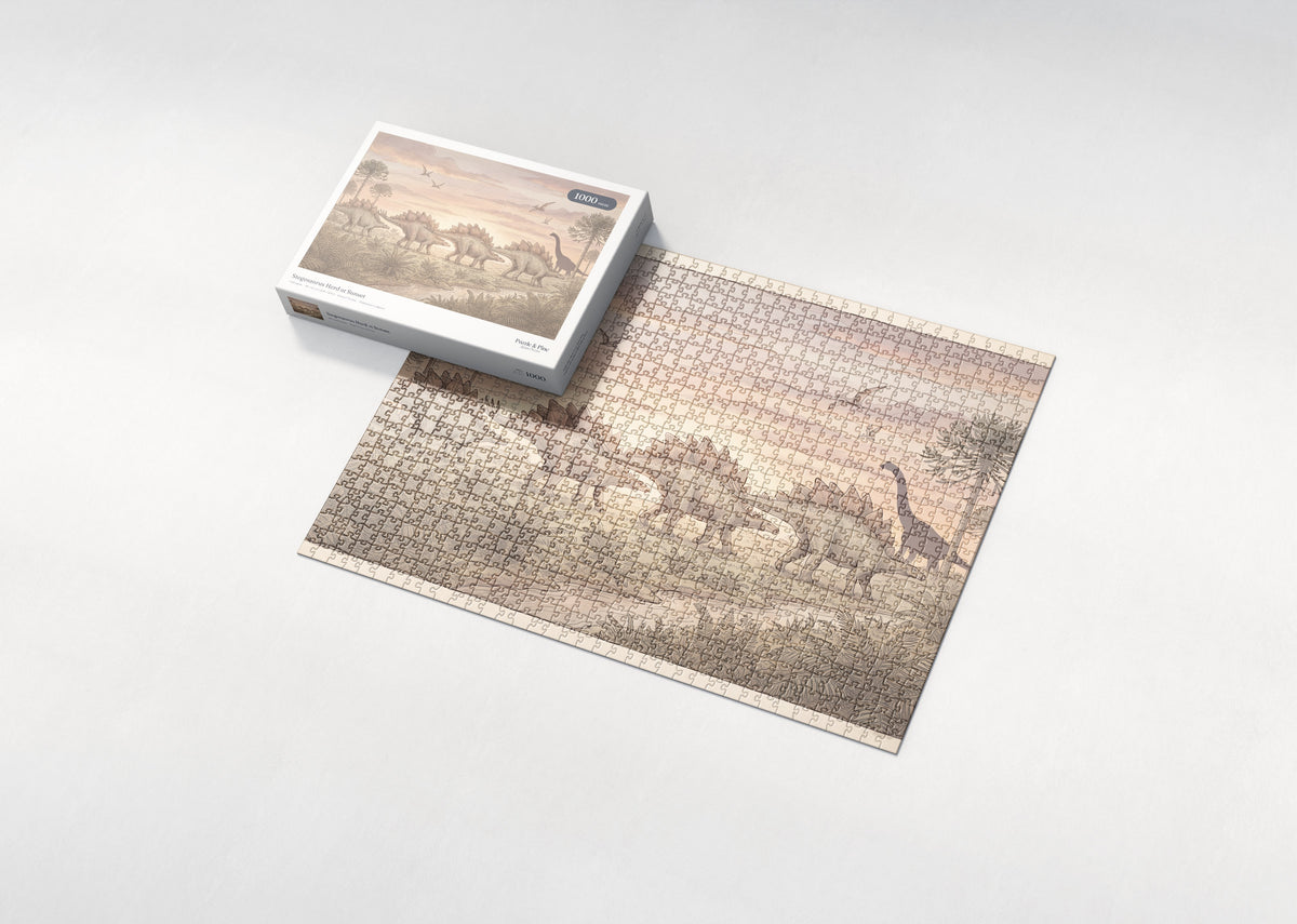 Stegosaurus Herd at Sunset jigsaw puzzle - box and puzzle