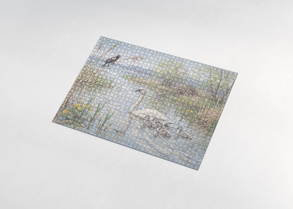 Swan and Cygnets in the Spring Reeds jigsaw puzzle - assembled puzzle