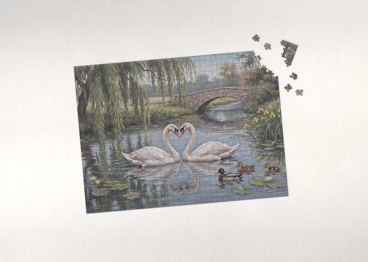 Swan Pair Under the Willow jigsaw puzzle - puzzle with loose pieces