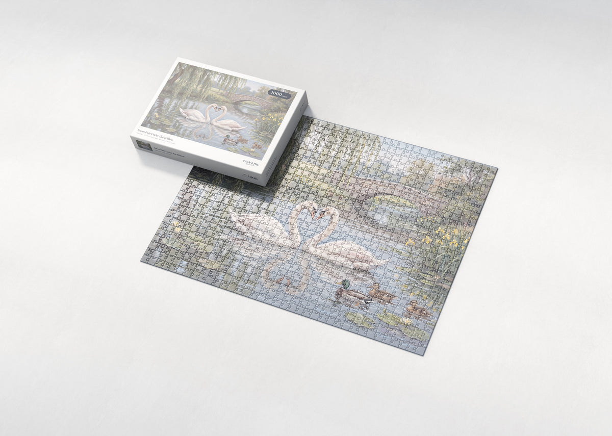 Swan Pair Under the Willow jigsaw puzzle - box and puzzle