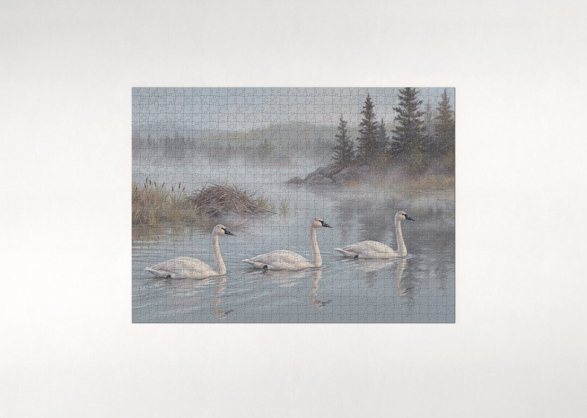 Swans on the Misty Lake jigsaw puzzle - flat puzzle