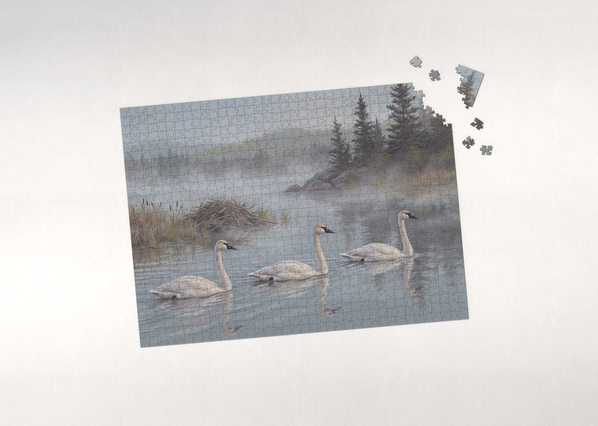 Swans on the Misty Lake jigsaw puzzle - puzzle with loose pieces