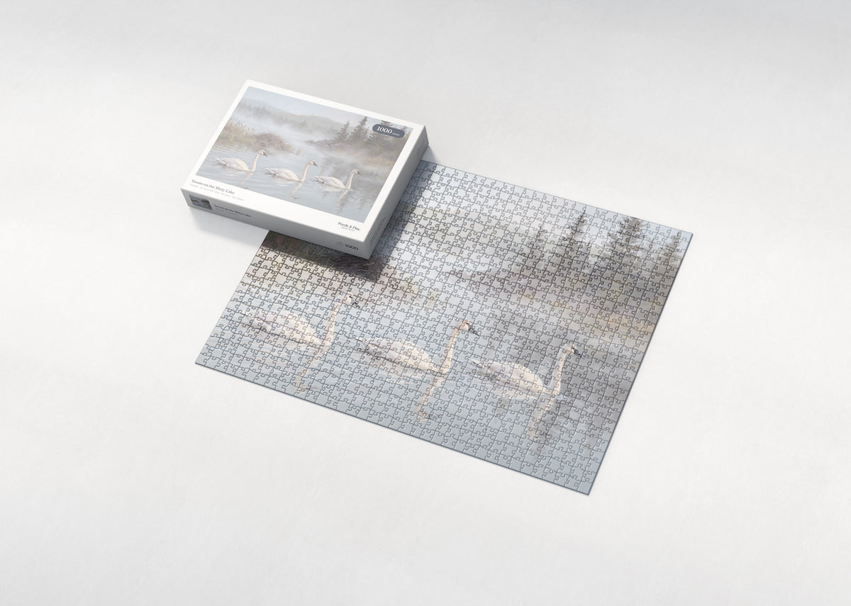 Swans on the Misty Lake jigsaw puzzle - box and puzzle