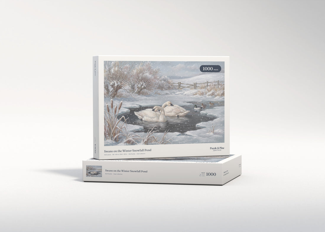 Swans on the Winter Snowfall Pond jigsaw puzzle - gift box