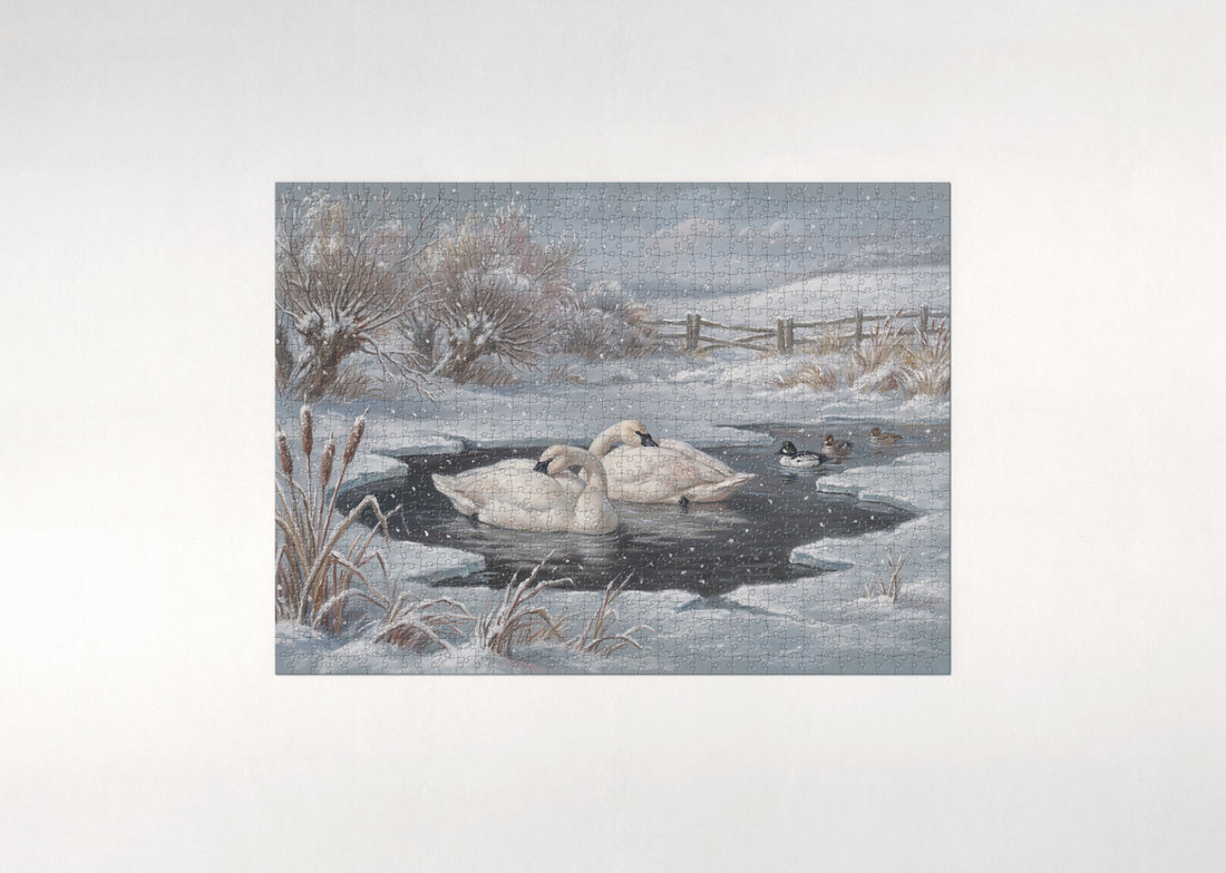 Swans on the Winter Snowfall Pond jigsaw puzzle - gift box