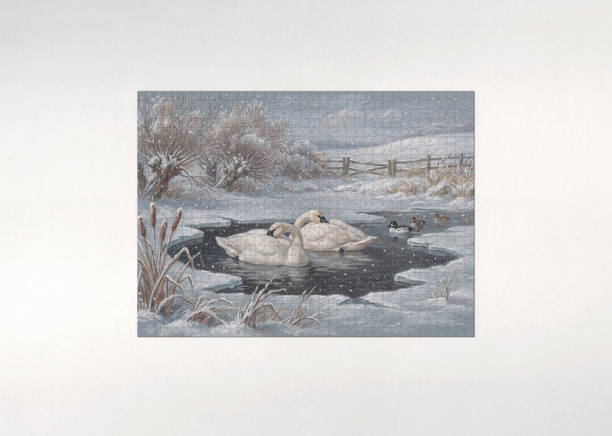 Swans on the Winter Snowfall Pond jigsaw puzzle - flat puzzle