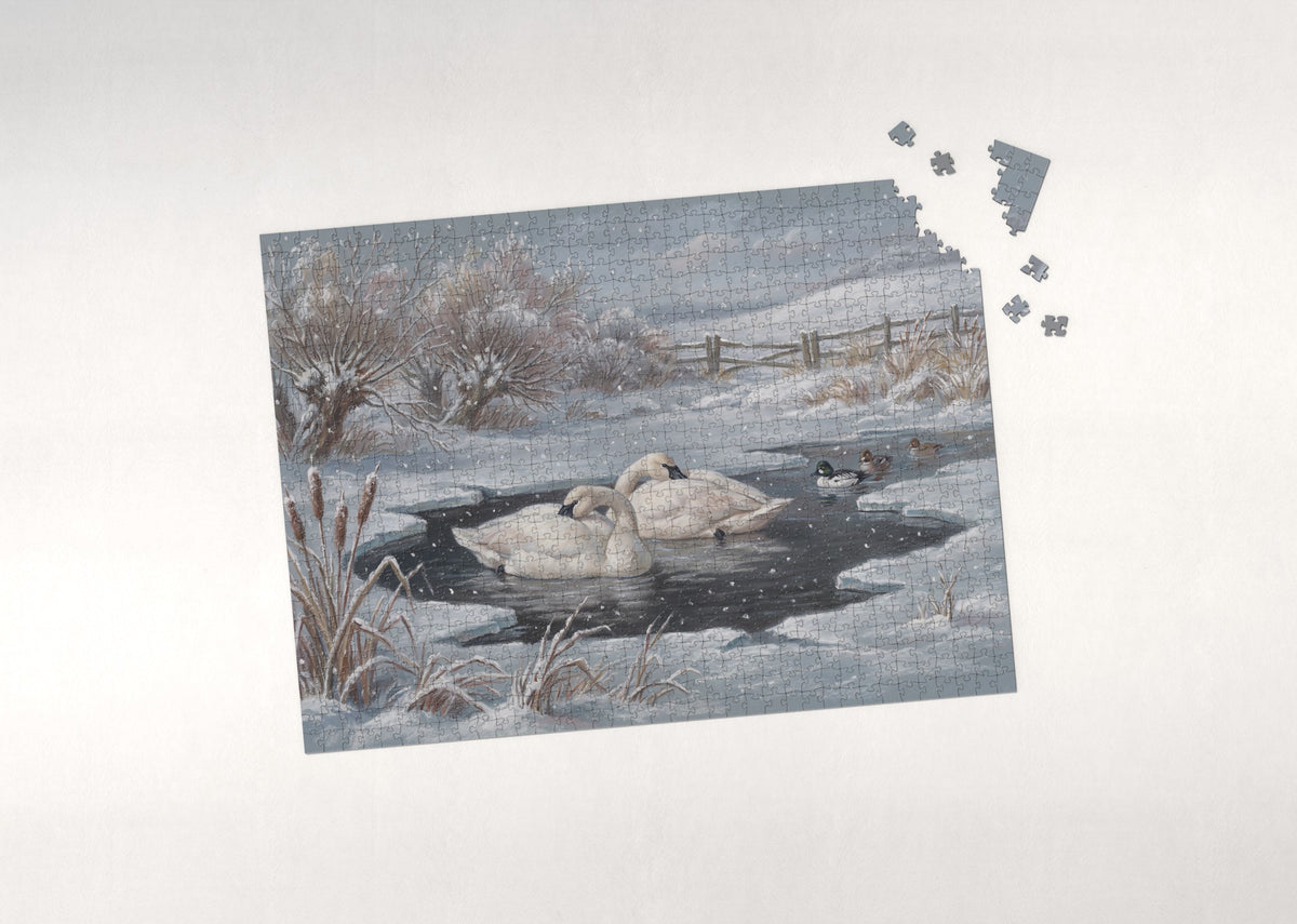 Swans on the Winter Snowfall Pond jigsaw puzzle - puzzle with loose pieces