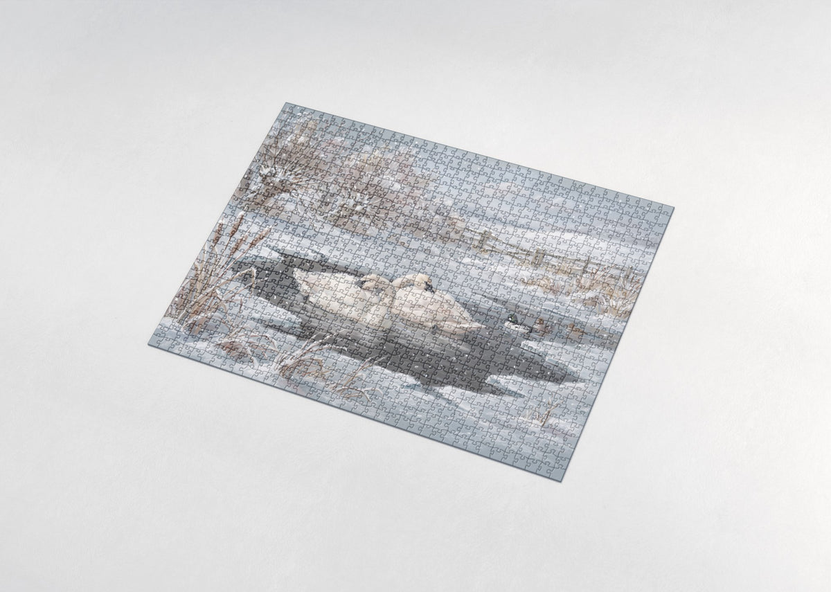 Swans on the Winter Snowfall Pond jigsaw puzzle - assembled puzzle