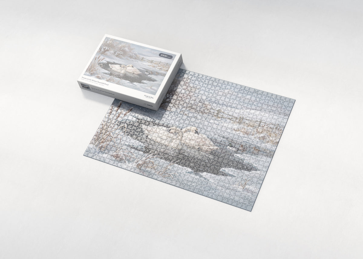 Swans on the Winter Snowfall Pond jigsaw puzzle - box and puzzle