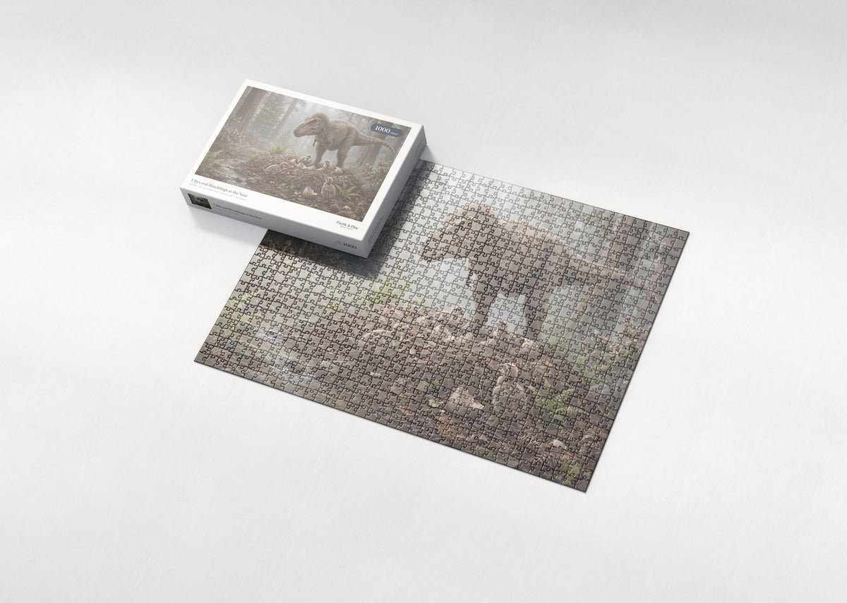 T Rex and Hatchlings at the Nest jigsaw puzzle - box and puzzle