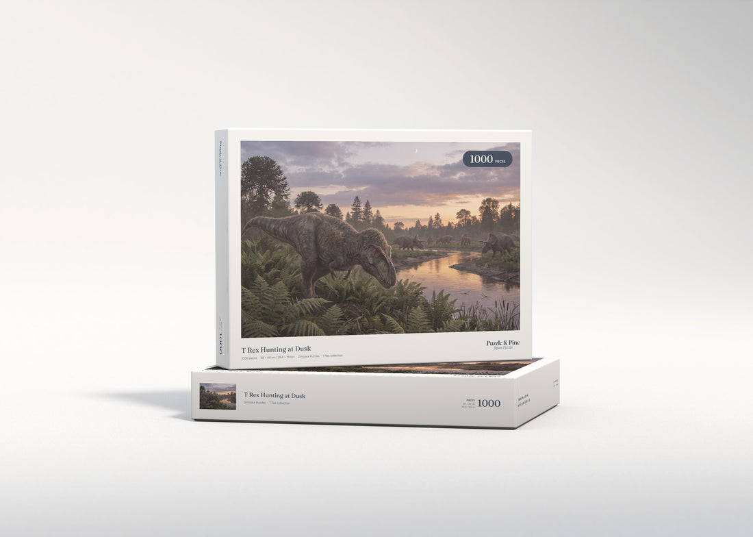 T Rex Hunting at Dusk jigsaw puzzle - gift box