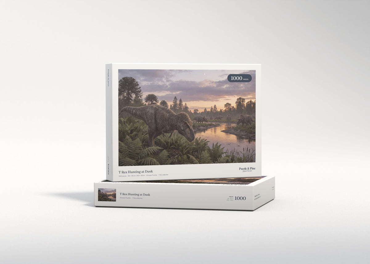 T Rex Hunting at Dusk jigsaw puzzle - gift box