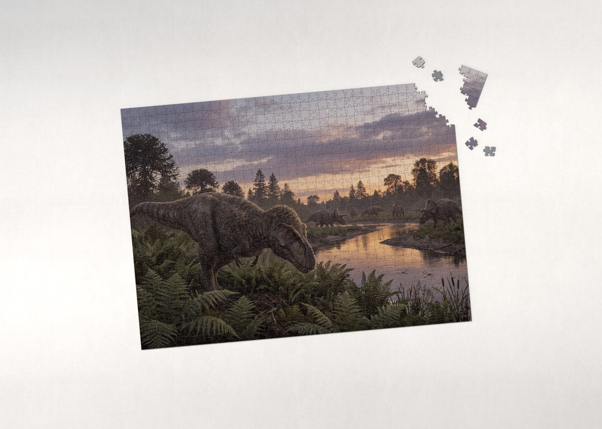 T Rex Hunting at Dusk jigsaw puzzle - puzzle with loose pieces
