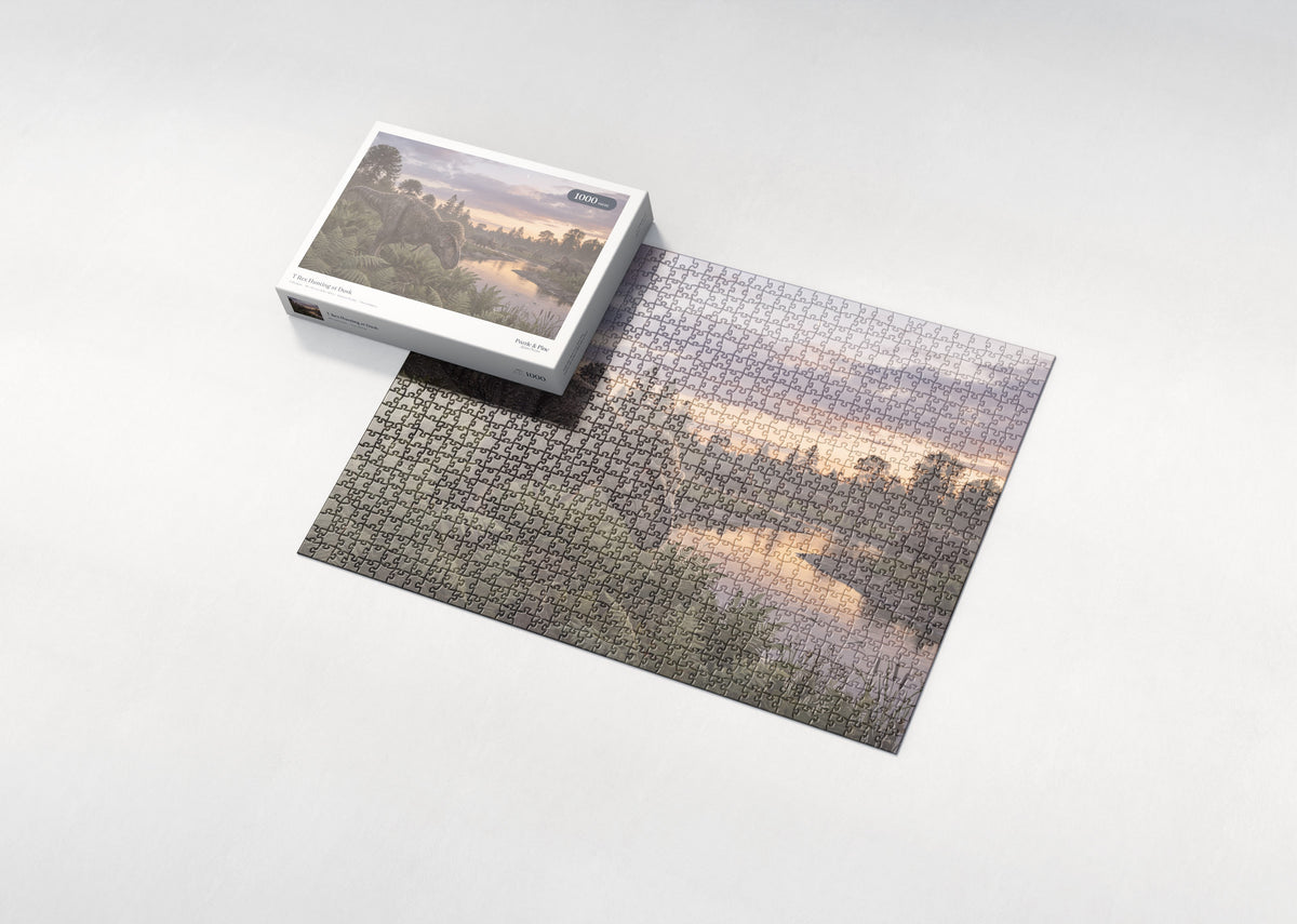 T Rex Hunting at Dusk jigsaw puzzle - box and puzzle