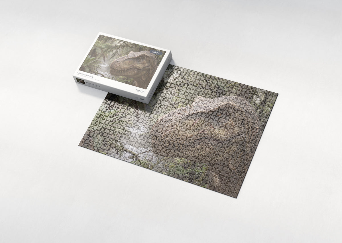 T Rex Portrait Close Up jigsaw puzzle - box and puzzle
