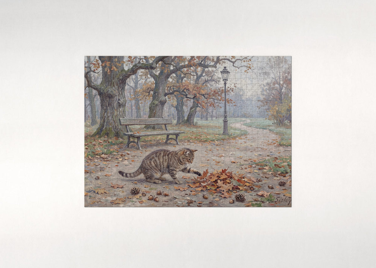 Tabby Cat Among the Fallen Leaves jigsaw puzzle - flat puzzle