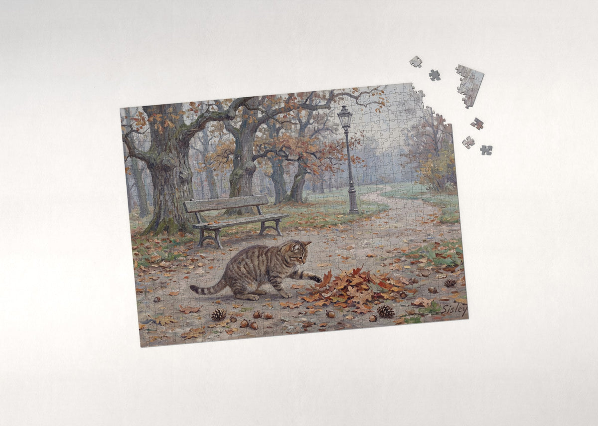 Tabby Cat Among the Fallen Leaves jigsaw puzzle - puzzle with loose pieces