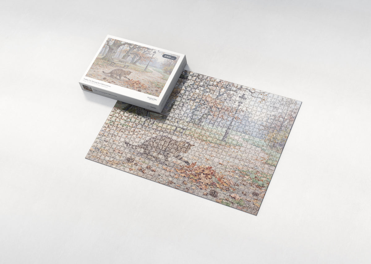 Tabby Cat Among the Fallen Leaves jigsaw puzzle - box and puzzle