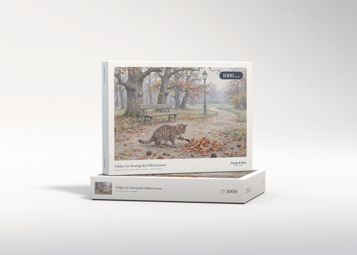 Tabby Cat Among the Fallen Leaves jigsaw puzzle - gift box